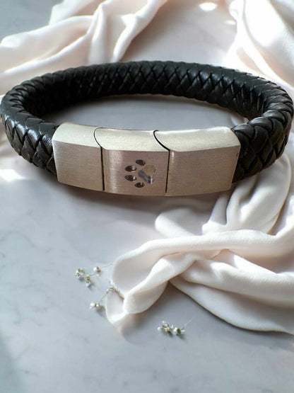 Mens Leather/Stainless Steel Dog Paw Bracelet
