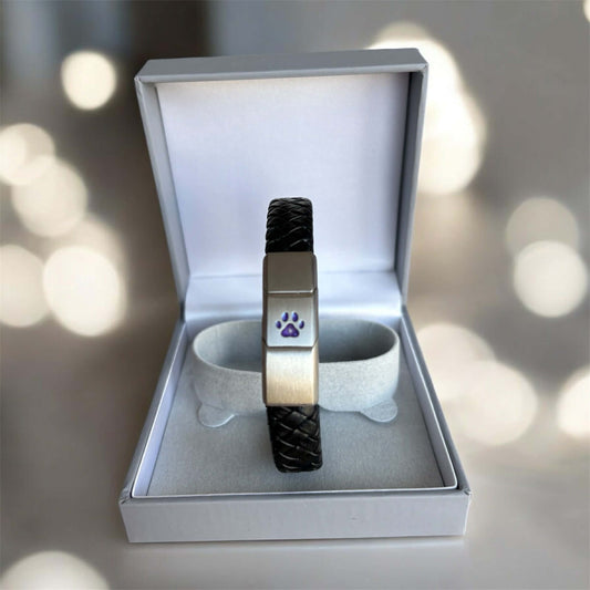 Mens Leather/Stainless Steel Dog Paw Bracelet