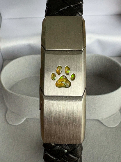 Mens Leather/Stainless Steel Dog Paw Bracelet