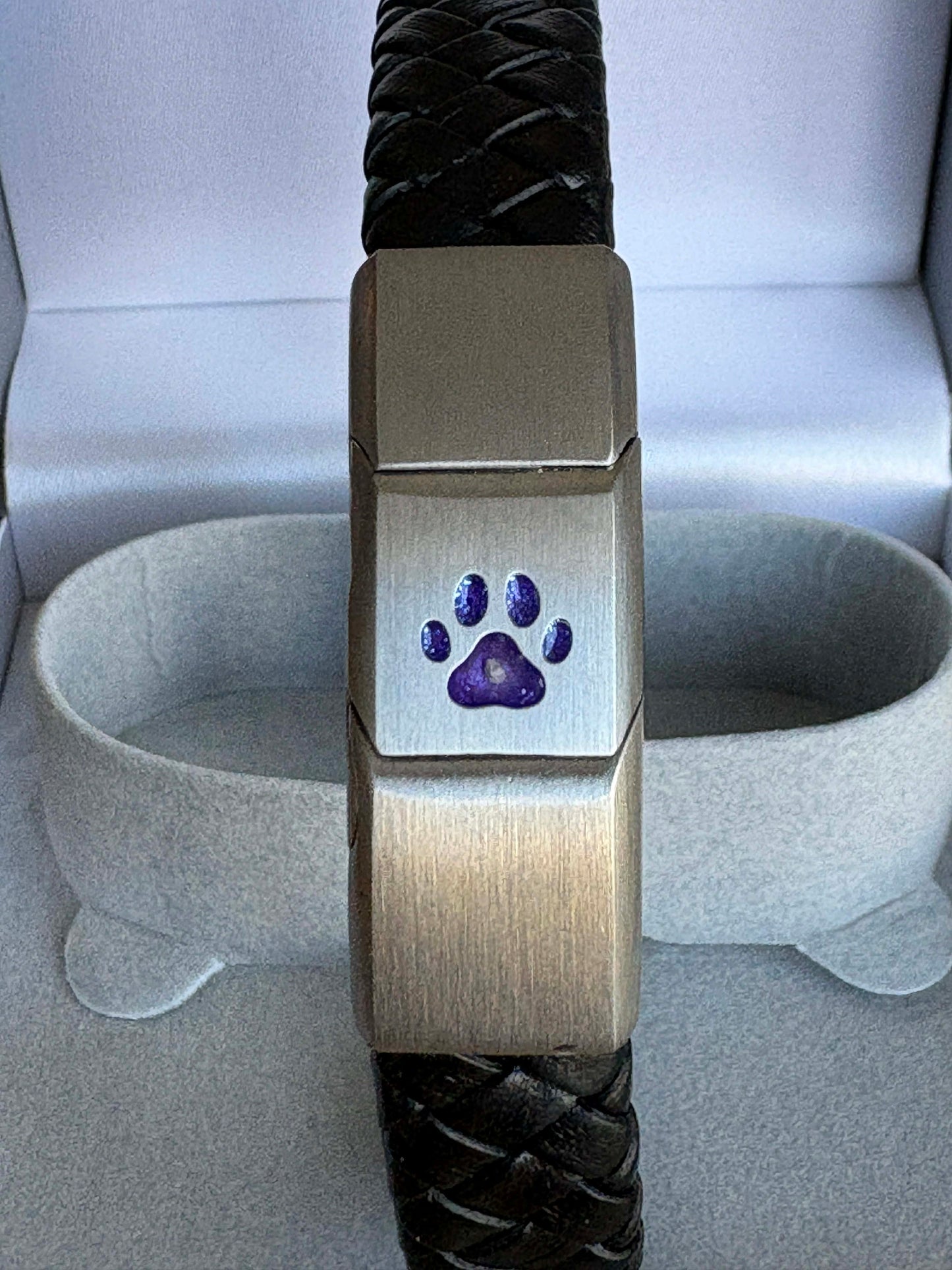 Mens Leather/Stainless Steel Dog Paw Bracelet